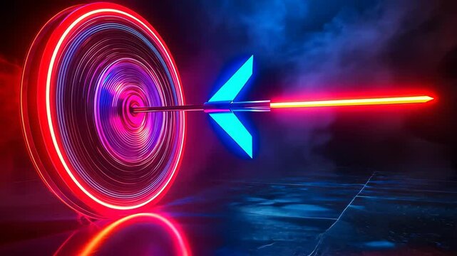 A neon arrow pierces the center of an LED target, emitting vibrant red and blue lights in a smoky, dimly lit room. The scene conveys precision and modernity, with an eerie yet captivating atmosphere.