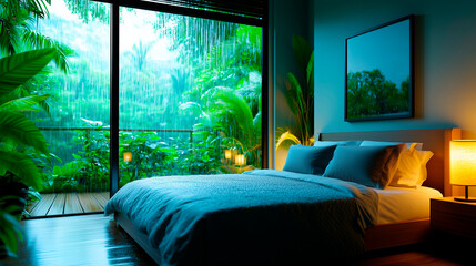 bedroom with a window, rain outside, lofi image, perfect as wallpaper