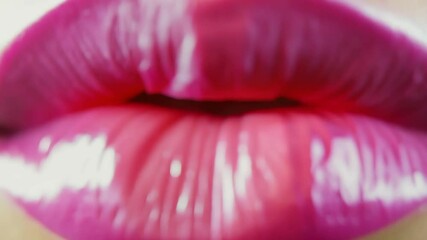 Close-up of glossy pink lips with a soft focus, highlighting vibrant color and shine, evoking themes of beauty, fashion, and sensuality
