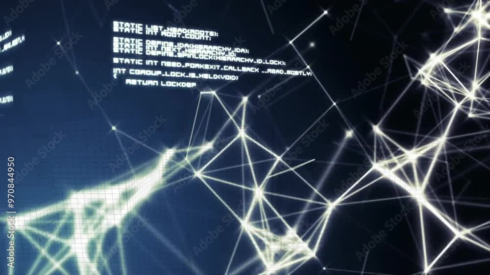 Poster network connections and programming code, data processing animation