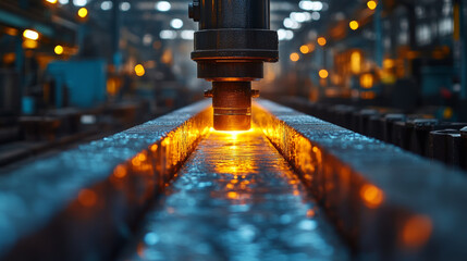 image showcases close up view of steel manufacturing process, highlighting molten metal being poured. warm glow of molten steel contrasts with industrial setting, creating visually striking scene