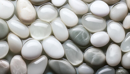 Wet white pebbles, forming seamless glossy surface. Top view.