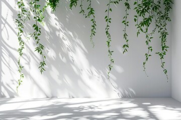 Hanging Green Vines Casting Soft Shadows on a White Wall  
