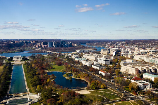 Washington DC aerial vantage point overlooking Constitution Gardens, the south-western region of the Foggy Bottom & western-end of the National Mall