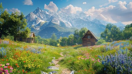 Fototapeta premium Idyllic Countryside Summer Landscape with Wooden Old House