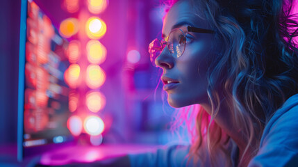 A focused woman with glasses gazes intently at computer screen, illuminated by vibrant pink and blue lights, creating colorful contrast and intricate splash pattern in background
