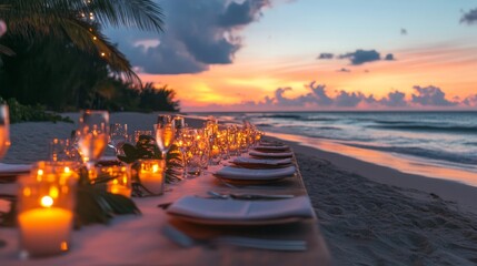 Romantic Beach Dinner at Sunset with Candles and Wine Glasses