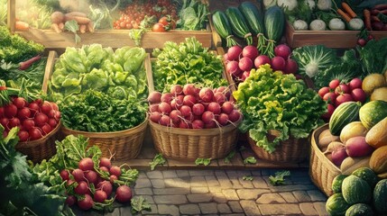Beautiful fresh vegetable market with a variety of colorful produce like lettuce, radishes, and cucumbers, set in a bustling, realistic background