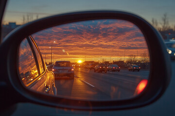 Photo of the rearview mirror in an SUV, reflecting cars on the left and right side driving away from the camera towards the sunset. Created with Ai