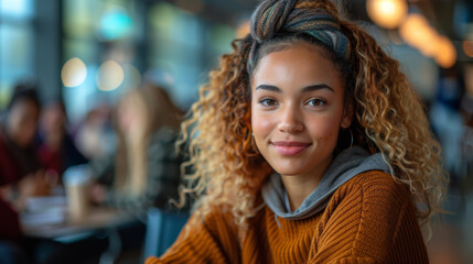 A young woman with curly hair and stylish headband smiles warmly in cozy cafe setting, surrounded by blurred figures enjoying their time