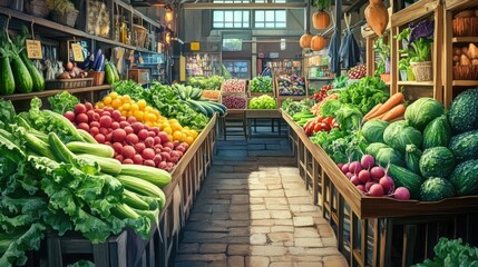 Obraz premium Beautiful fresh vegetable market with a variety of colorful produce like lettuce, radishes, and cucumbers, set in a bustling, realistic background