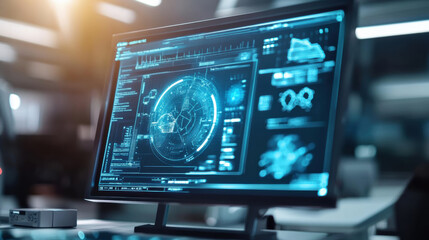 A modern computer monitor displaying advanced data visualizations and analytics in high tech office environment. screen features graphs, charts, and digital maps, creating futuristic atmosphere