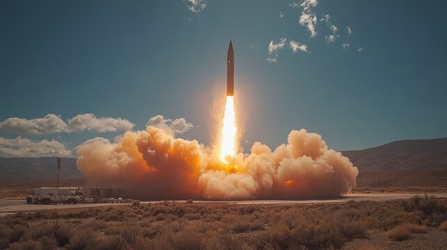 19. A missile silo opening to launch a ballistic missile, with smoke and fire erupting as the missile takes off into the sky