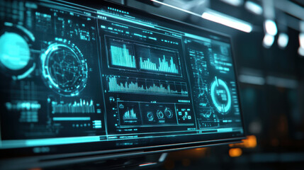 Obraz premium High tech digital dashboard displaying data analytics and visualizations. screen features graphs, charts, and various metrics, creating futuristic atmosphere