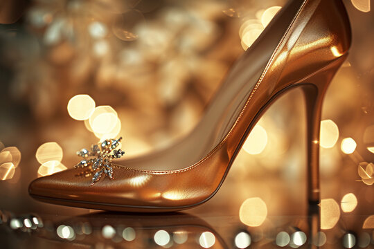 Close-Up of an Elegant High Heel with Smooth Side Lighting &ndash; Subtly Blurred Jewelry in the Foreground Enhances the Luxurious and Sophisticated Fashion Atmosphere