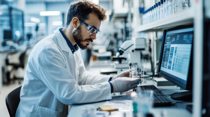 A focused scientist in laboratory is analyzing samples while working on computer. environment is filled with scientific equipment, showcasing modern research setting