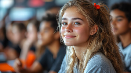 Engaged students in an interactive educational setting, showcasing young girl smiling with enthusiasm. atmosphere is vibrant and focused, highlighting joy of learning