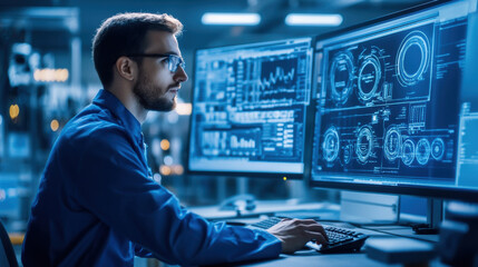A focused man analyzes data on multiple computer screens in modern workspace, showcasing advanced technology and data visualization