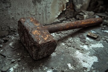 Rusty Sledgehammer Resting on a Crumbling Surface