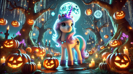 Fototapeta premium A festive Halloween party scene with glowing lights, playful circles, and holiday-themed decorations featuring toys, dolls, angels, and cartoon-like characters