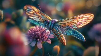 Beautiful insect with iridescent wings resting on a flower, captured with intricate details and a realistic nature background