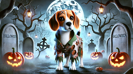 Halloween background with pumpkins and bats featuring a cute sitting beagle puppy on a white background
