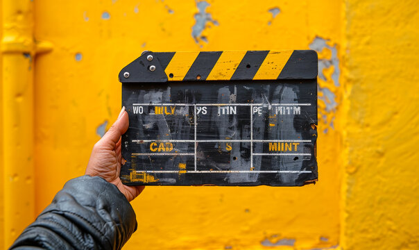 Behind the Scenes: Filmmaker's Hand Gripping Clapperboard on Vibrant Yellow Movie Set, Capturing Creativity and Passion in Action
