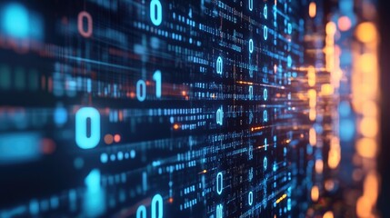 Abstract digital background with blue and orange glowing binary code.