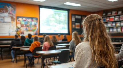 Students are engaged in an interactive educational setting, attentively watching presentation in classroom. atmosphere is focused and collaborative, fostering learning and participation