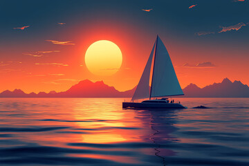 Fototapeta premium A serene catamaran sailing on calm waters during vibrant sunset, with mountains silhouetted in background. warm colors evoke sense of tranquility and adventure