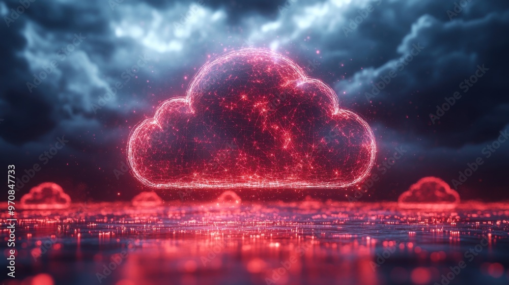 Poster a red-tinged cloud computing concept with digital data flow interconnected network nodes