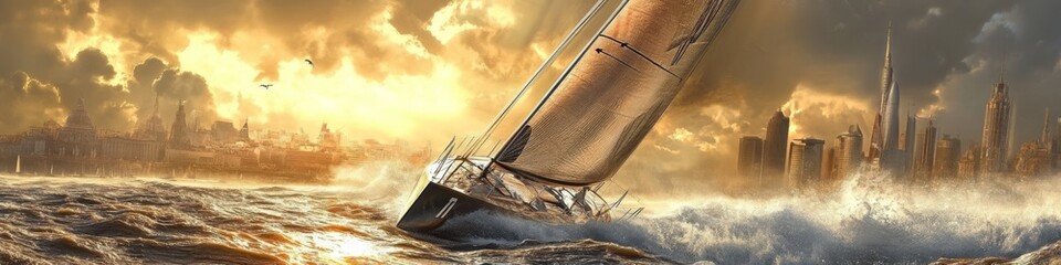 America's Cup. America's Cup Sailing. The most prestigious regatta in the world. Boat with sails on the waves. Illustration with a regatta at sea.