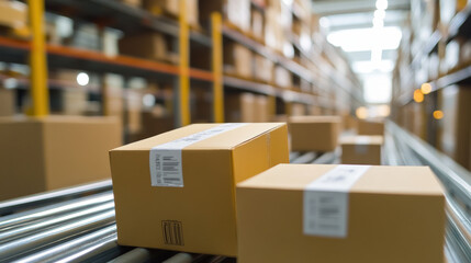 Efficiently organized cardboard boxes on conveyor belt in warehouse, showcasing busy logistics environment. scene reflects importance of streamlined operations in shipping and storage