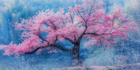 Pink cherry blossom tree in winter landscape  
