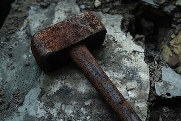 Rusty Hammer on a Cracked and Weathered Surface