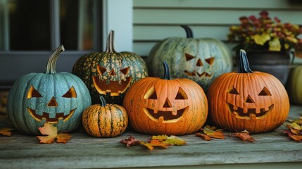 A collection of pumpkins in various shapes and sizes some carved with classic jack-o'-lantern faces