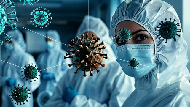 A group of dedicated, masked healthcare workers, dressed in protective suits, are seen working in a virus outbreak setting. The staff, primarily young adults of various ethnicities, focus on the task
