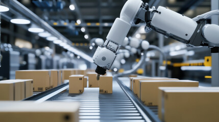 Automated robotic arm sorting packages on conveyor belt in warehouse, showcasing advanced technology in logistics and efficiency