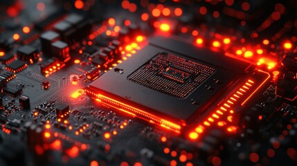 Close-up of a digital motherboard with glowing red LED lights and microchips