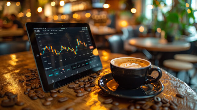 A tablet displaying increasing stock prices sits on wooden table next to cup of coffee, surrounded by coffee beans. warm ambiance creates cozy atmosphere for financial discussions