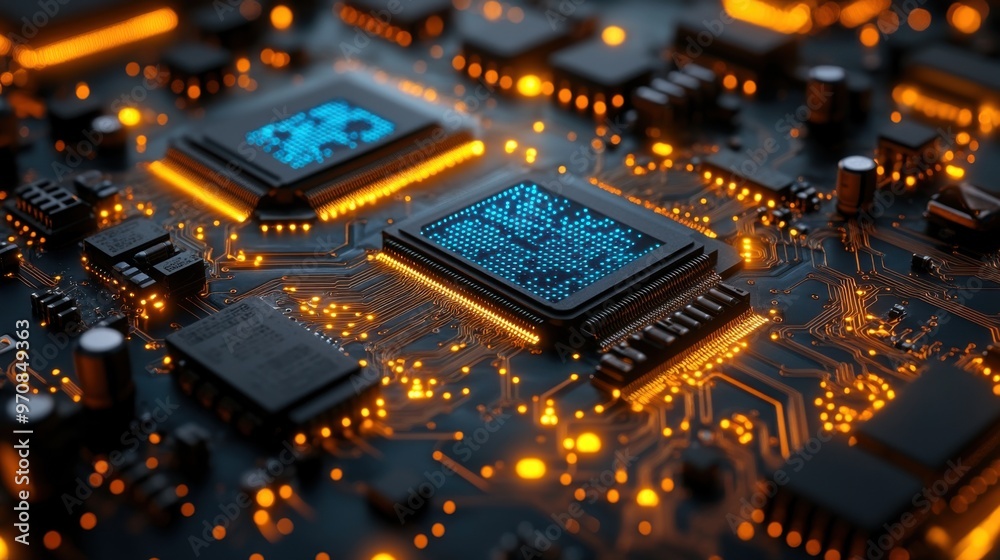 Poster close-up of a computer circuit board with glowing microchips intricate circuitry