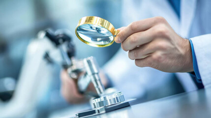 A person in lab coat examines small object with magnifying glass, showcasing attention to detail and precision in scientific environment