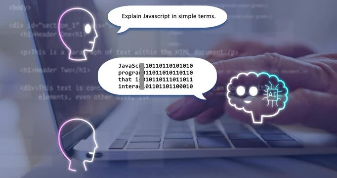 Typing on laptop keyboard, animation of AI explaining JavaScript in simple terms