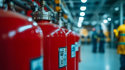 Fire extinguisher tanks in an industrial facility with engineers in the background	