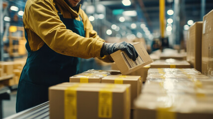 Efficient warehouse worker handling packages in busy distribution center, showcasing dedication and teamwork in logistics