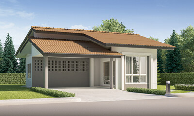 contemporary house exterior evening view with lawn grass.3d rendering