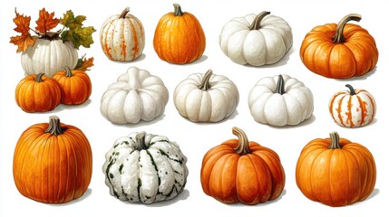Transparent PNG set of assorted pumpkins in various sizes and shapes including classic orange