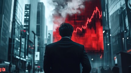 A businessman walks away from a giant screen showing a red, downward-trending stock market graph with a misty background in a city street.