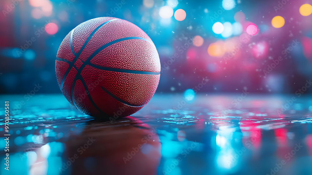 Wall mural basketball on a wet court with neon lights reflection abstract background animation