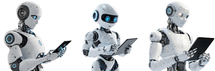 Three advanced humanoid robots using tablet devices, representing futuristic AI technology on an isolated white background, png